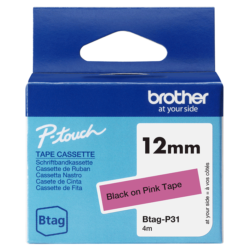Btag-P31 | Svart på rosa tape, 12 mm | Brother