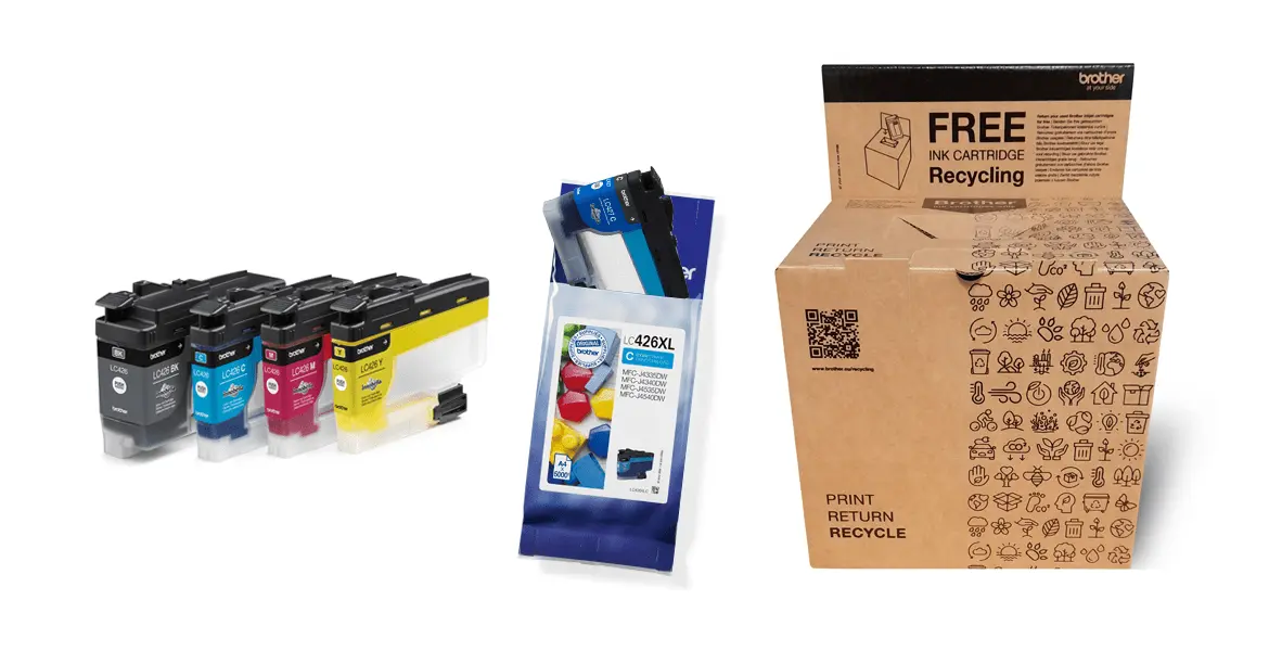 <p>Vier Tintenpatronen in CMYK, eine Tintenpatronenverpackung und ein Rücksendekarton für 20 Tintenpatronen. </p>