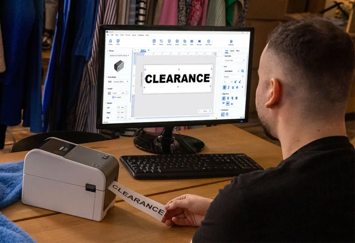 <p>A retail worker printing clearance labels for stock reduction promotions. P-touch editor 6 shown on the PC screen. </p>