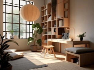 <p>Japanese-inspired serene home office set up with light wood furniture and large window</p>