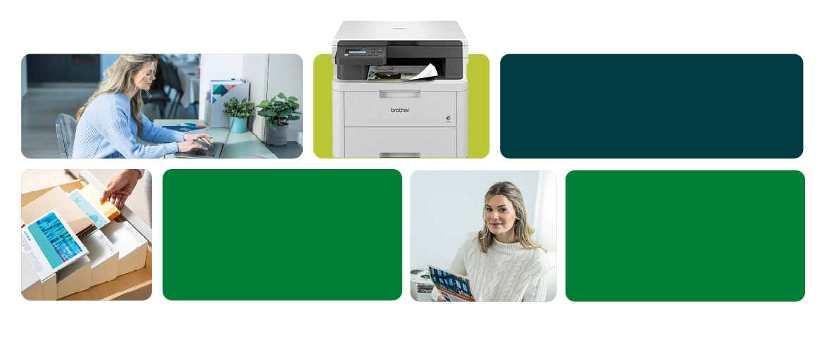 <p>Graphic banner with green colour blocks and photographs of home office workers</p>