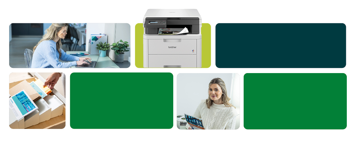 <p>Graphic banner with green colour blocks and photographs of home office workers</p>