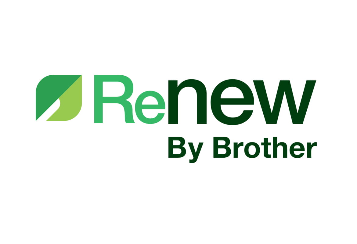 Green leaf with the words Renew by Brother in green