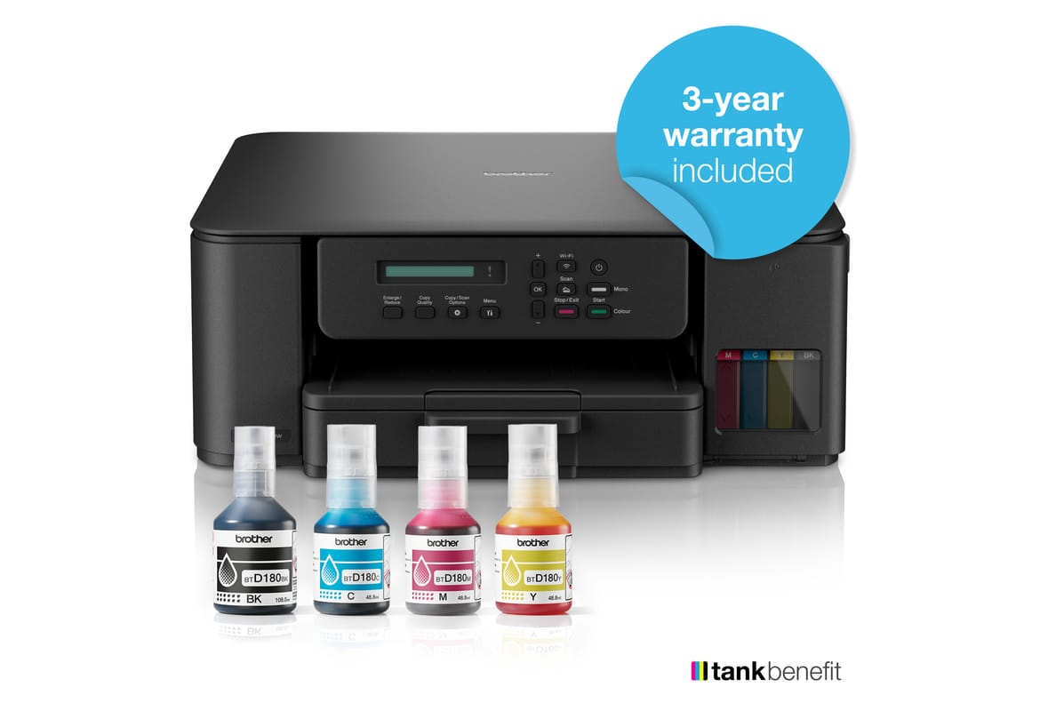 <p>Brother tankbenefit DCP-T580DW on a white background with ink bottles in the foreground and a 3-year warranty included roundel superimposed</p>