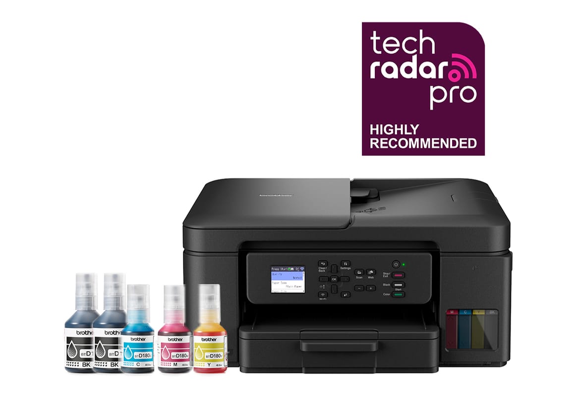 <p>Brother tankbenefit DCP-T780DW on a white background with ink bottles in front and a TechRadar Pro Highly Recommended award above</p>